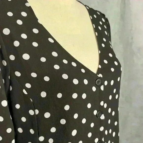 Madewell Black & White Polka V-Neck Long Smocked Sleeve Pullover Blouse Size 4 - Picture 2 of 11